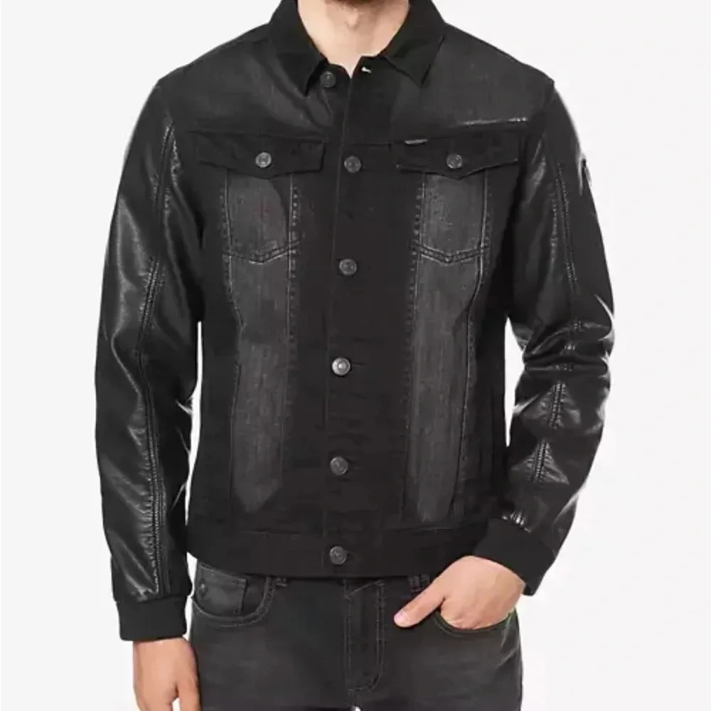 Buffalo Men’s Black Denim Jacket with Faux Leather sleeves size XL